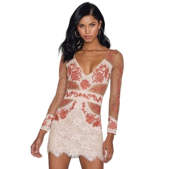For Love And Lemons Embroidered Mini Dress Sheer Long Sleeve Matador Tulle Lace - Picture 1 of 16